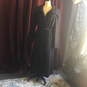 Full length black wool trench style coat with belt